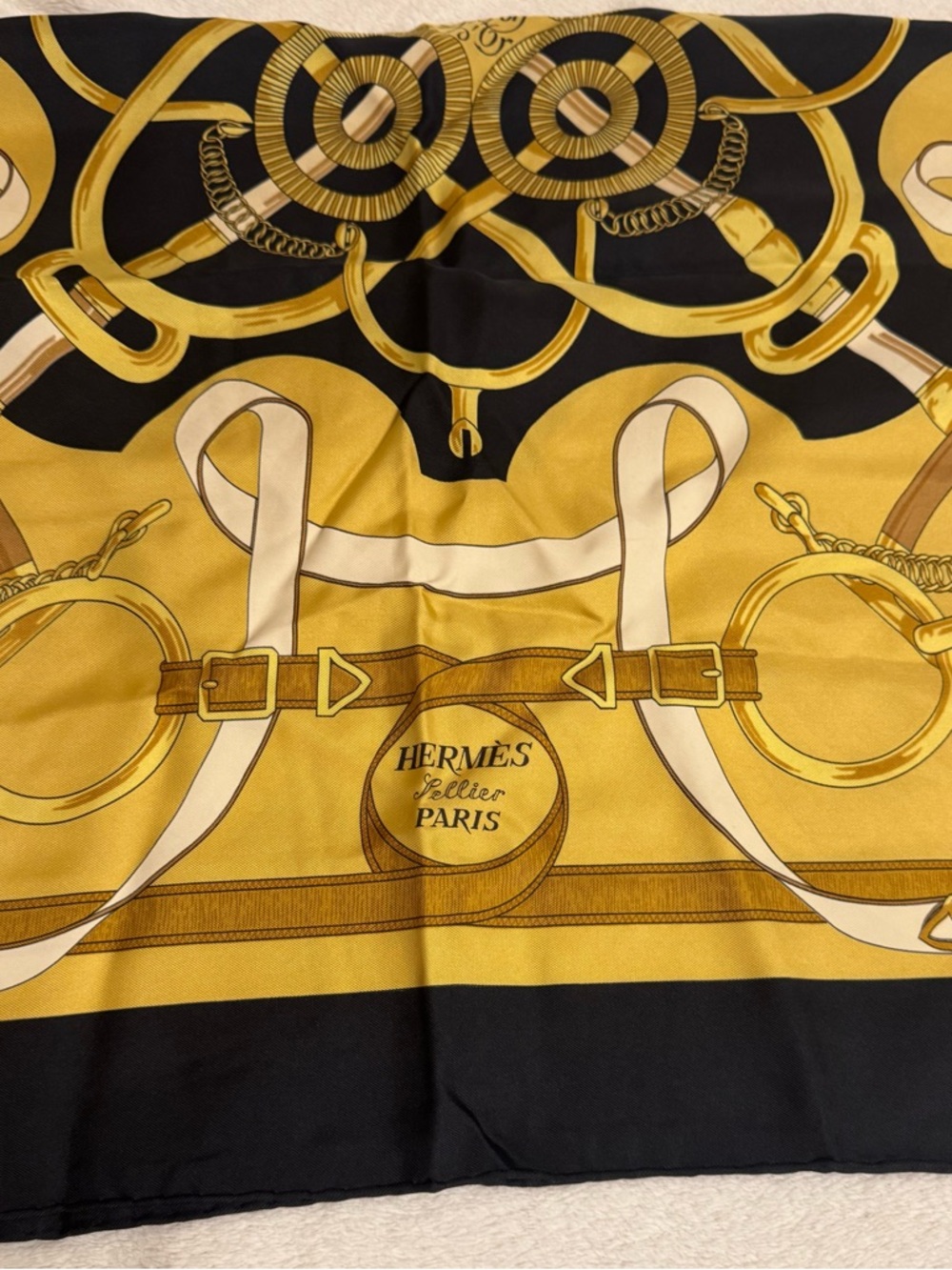 Hermès Paris Silk Scarf - Gold & Black Equestrian Print